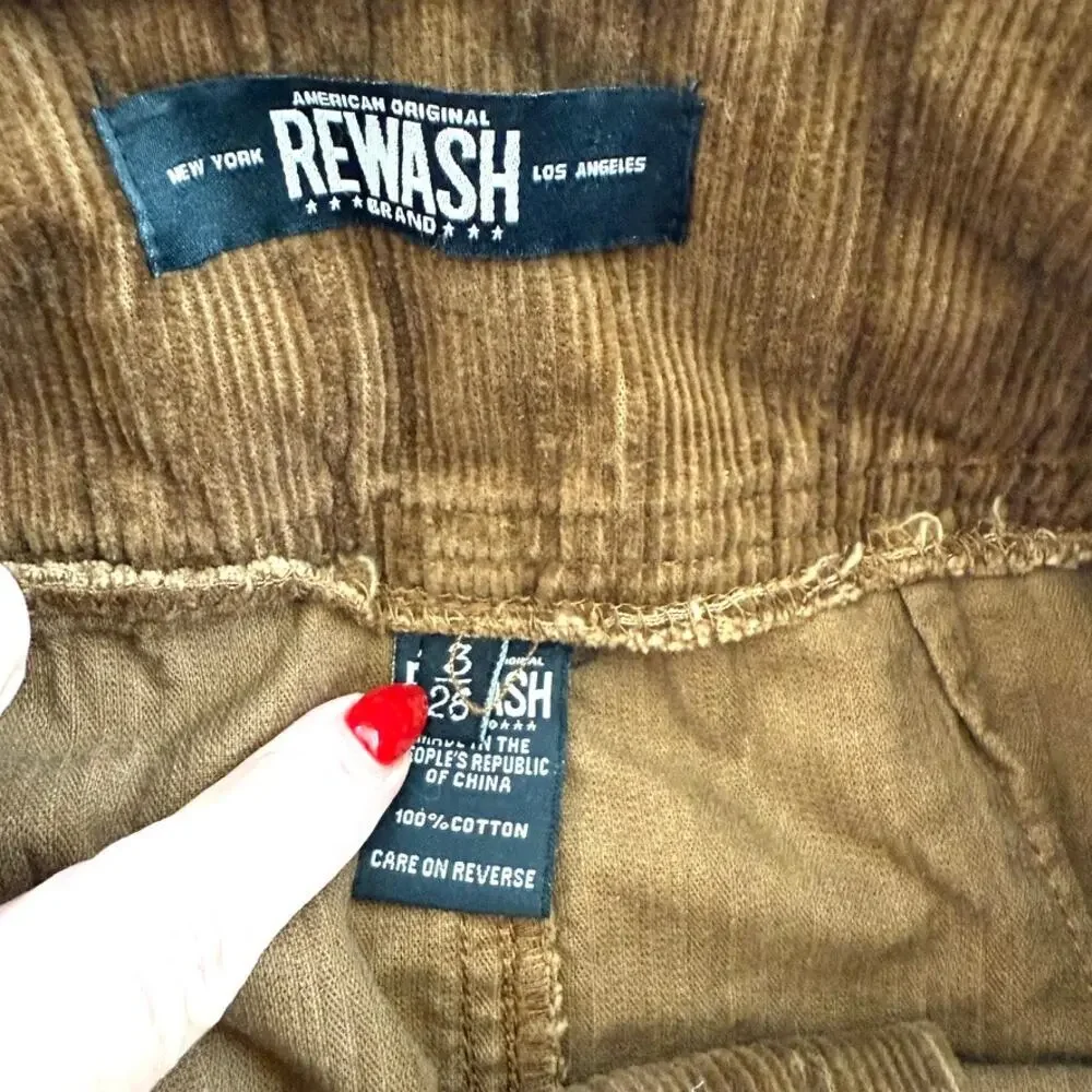 REWASH Corduroy Mini Skirt Brown 100% Cotton Tie Waist‎ Y2K Indie Women 3/25